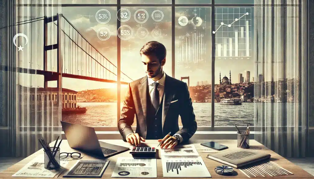 a Turkish accountant in a professional office setting, featuring elements that reflect expertise and a connection to Turkey's cultural identity