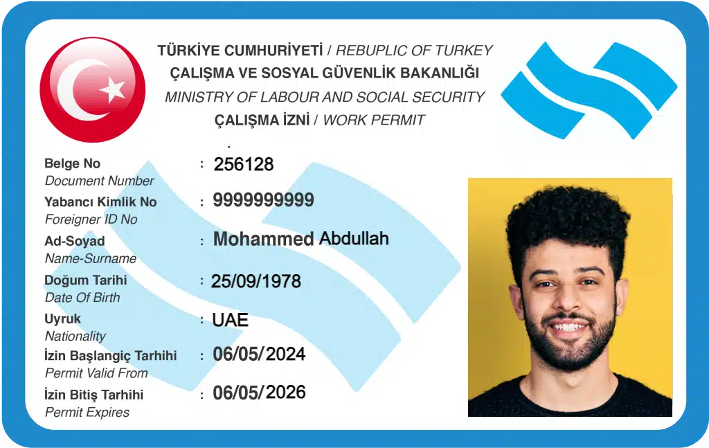 a man with a blue and white Turkey work visa card