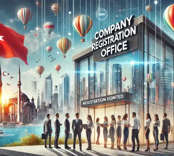 modern dressed business people in front of a modern building with "Company Registration Office" written on it, Istanbul city and Bosphorus view in the background, hot air balloons flying in the air, "Registration has completed" text and symbols arounds and Turkish Flag