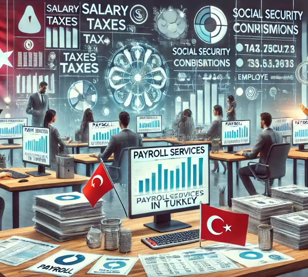 a image representing "Payroll in Turkey," featuring a professional office setting with payroll professionals and relevant symbols