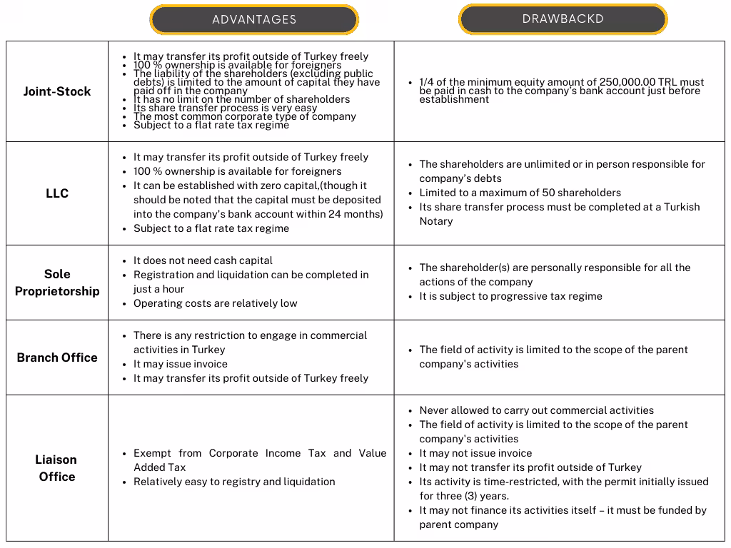 Comparison of Legal Entities in Turkey