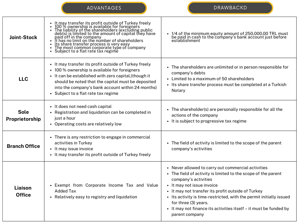 Company Registration in Turkey 3 Comparison of Legal Entities in Turkey