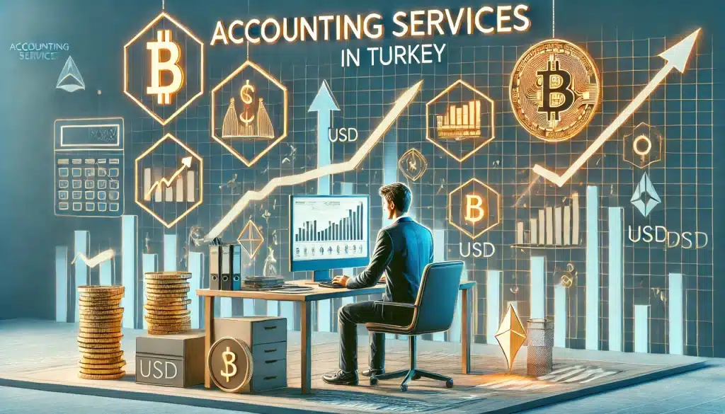 a image representing a "Accounting Services in Turkey". It includes a modern Accounting Office what is written Accountin Services on it. An Accounting Manager is working on his desk with his PC. financial documents. Symbols of USD & bitcoin growth and investment on around.
