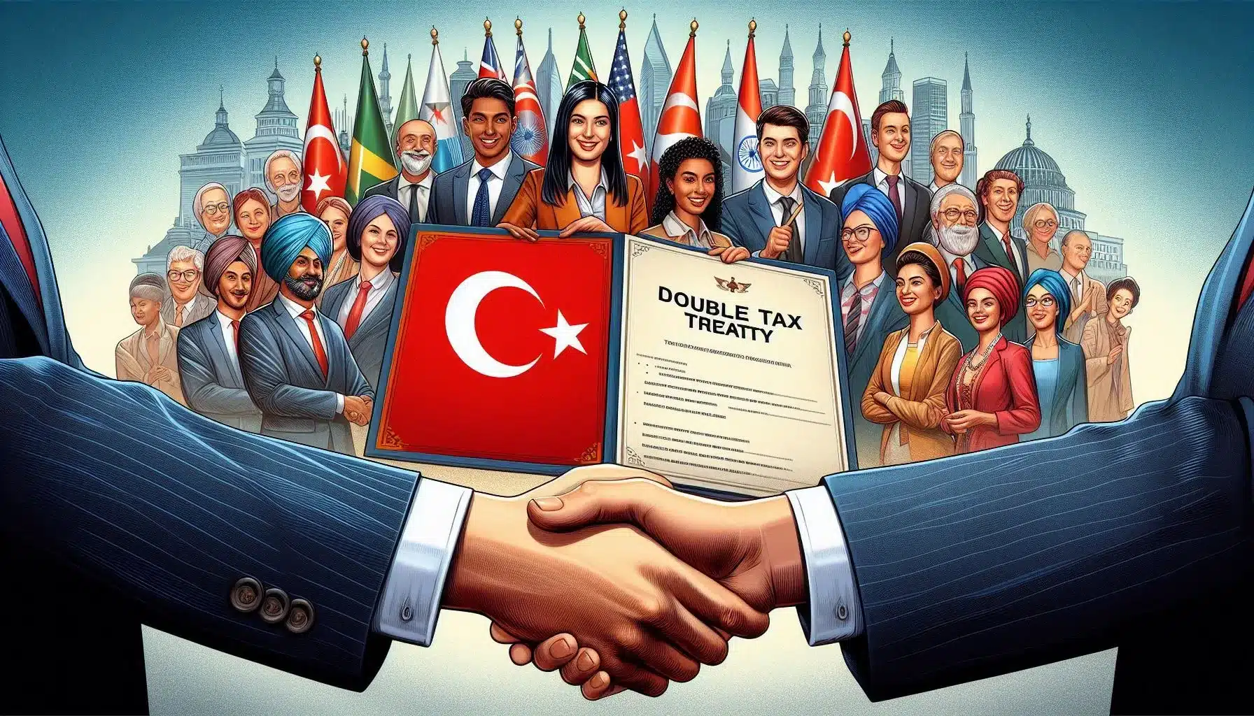 a hands shaking hands with a group of people around them