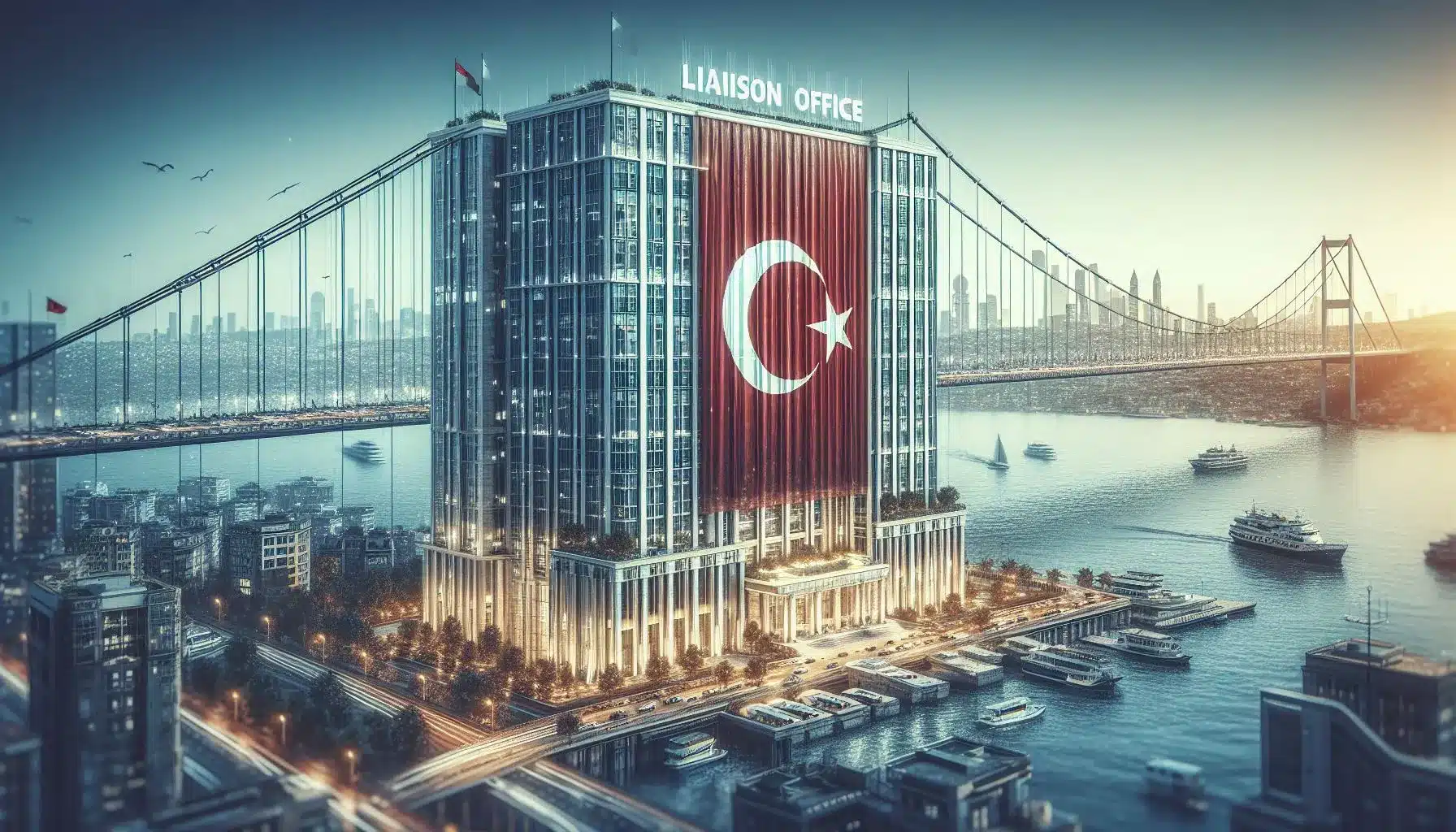 A building image written "Liaison office on it, and has Turkish Flag, It captures the modern office setting with a view of a Istanbul bosphorus bridge and cityscape, embodying the essence of coordination and business strategy