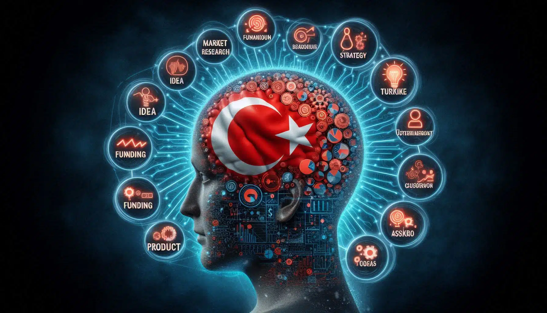 a head with a flag and many icons around it