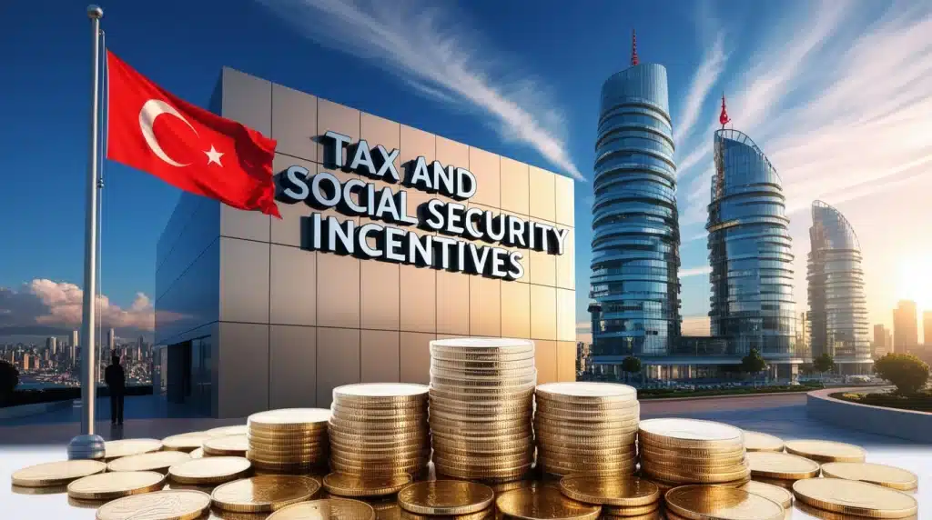 stacks of coins in front of a building with a Turkish flag and the words "Tax and Social Security Incentives" written on it, with a view of Istanbul in the background.