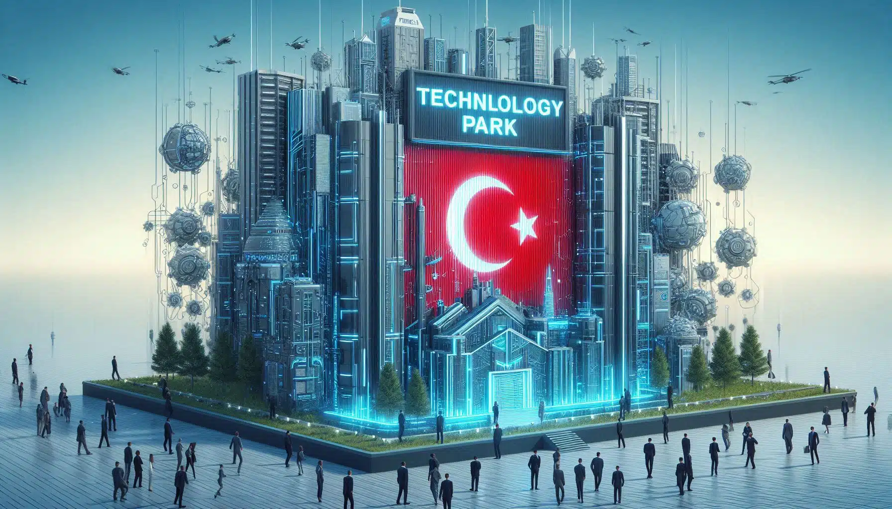 a group of people standing in front of a technological building