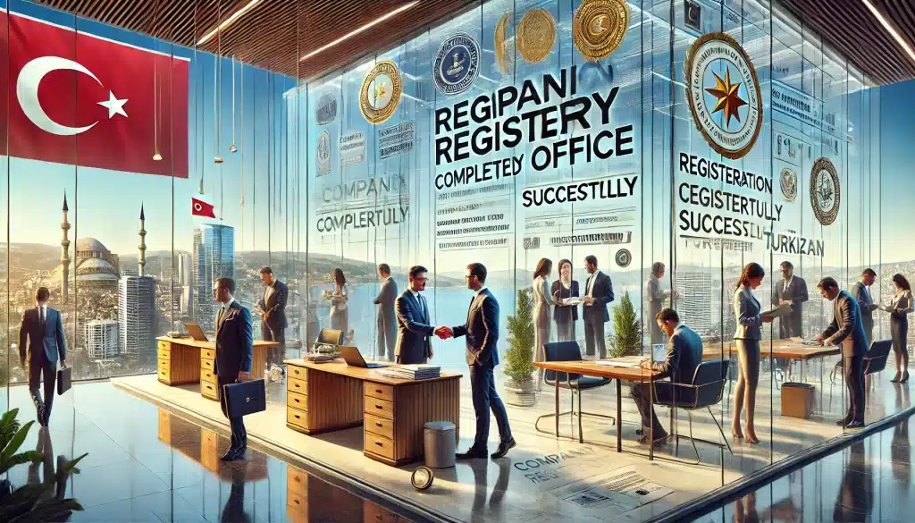 Company Registration in Turkey 1 modern dressed business people inside a modern building with the words "Company Registry Office" written on it, the Turkish landscape in the background, "Registration completed successfully" written around, seals and approvals and symbols around and the Turkish Flag