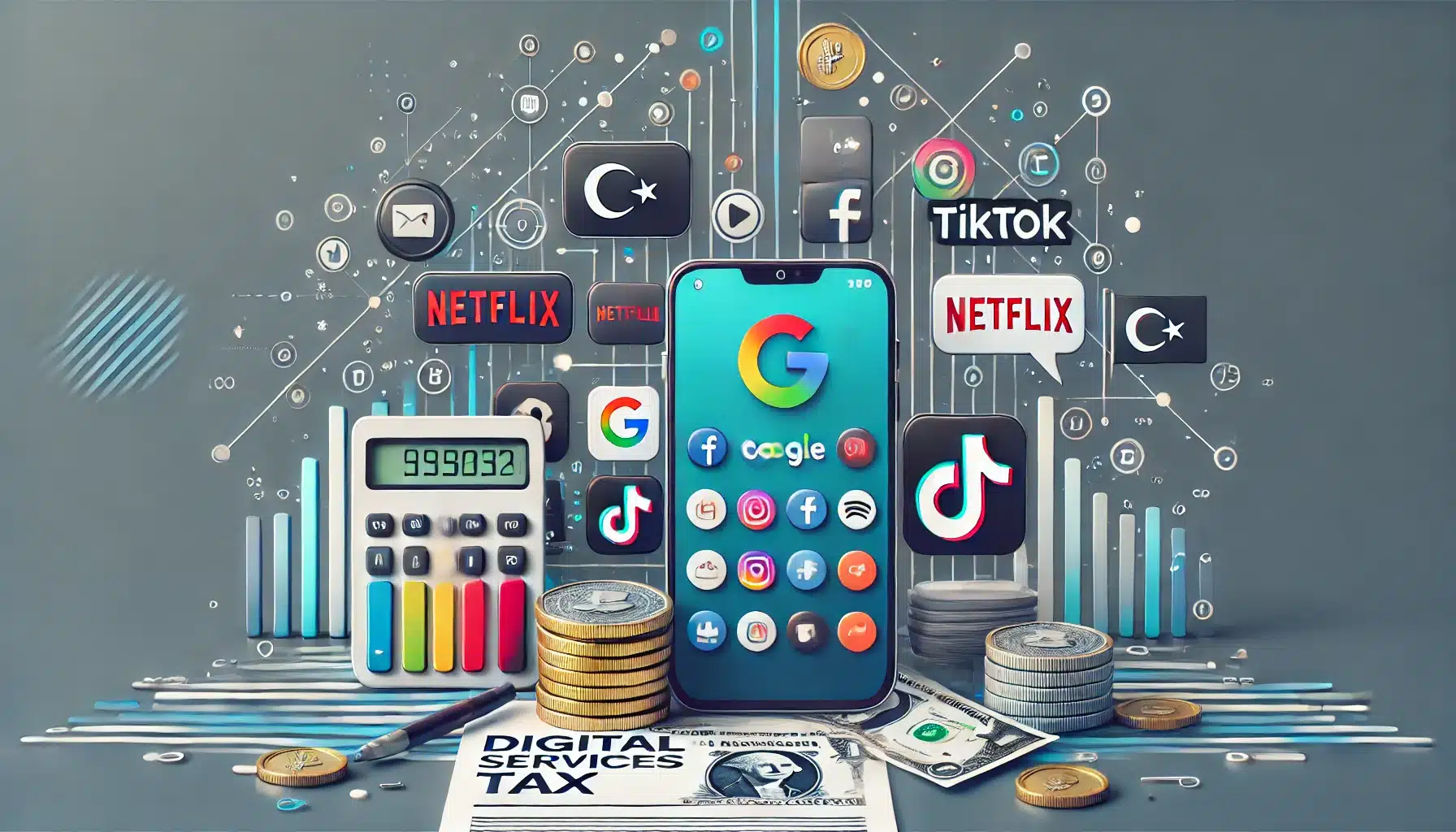 a digital image representing the DIGITAL SERVICES TAX, which aims to tax digital advertising and services in Turkey, provided by platforms such as Google, Netflix, Instagram, Tiktok and Facebook in Turkey.
