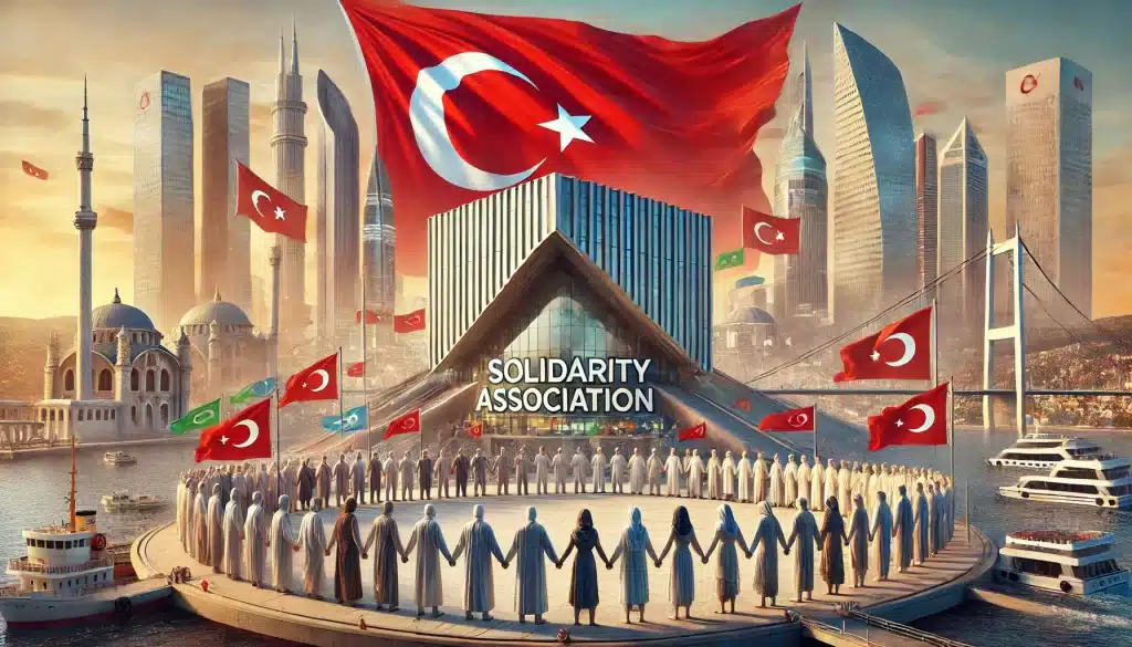a horizontal image represting Association in Turkey with the Turkish flag and people holding hands representing different nations in front of a modern building with the Istanbul cityscape in the background and the words "Solidarity Association" written on it.