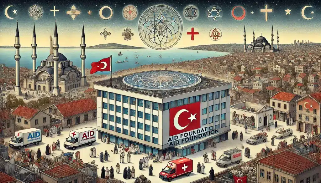the Aid Foundation building with the Turkish flag, Istanbul cityscape in the background, and religious symbols in the sky.