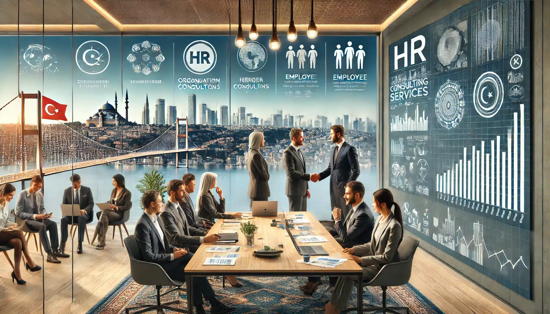 an image representing "HR Consulting Services in Turkey," featuring a modern office setting with a backdrop of Istanbul's skyline, business professionals in discussions, and Turkish cultural elements.