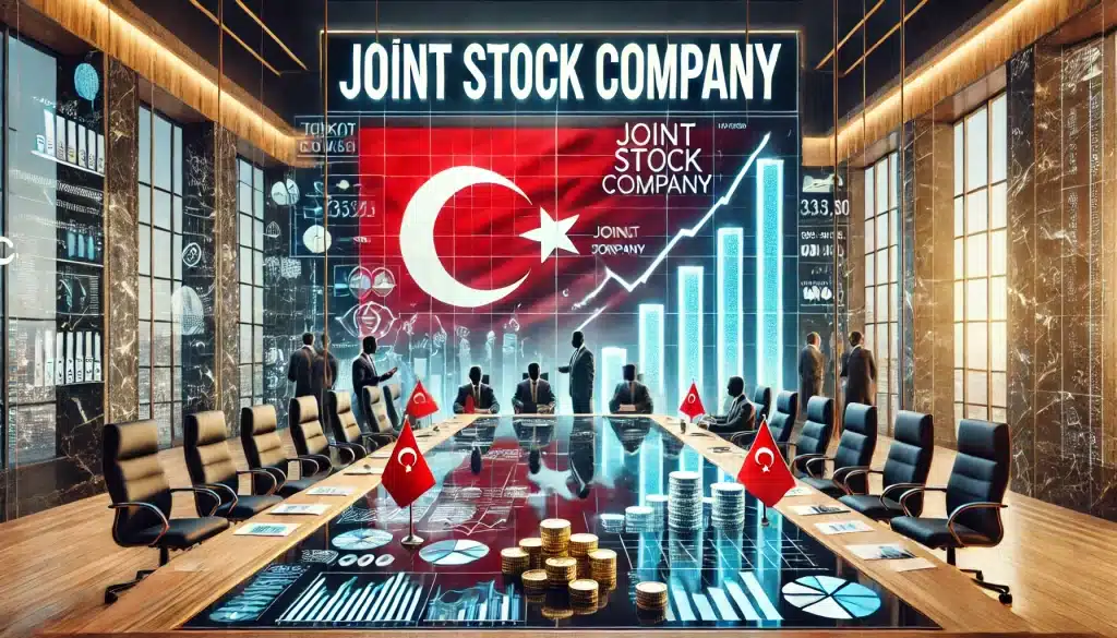 image representing a "Joint Stock Company in Turkey." The visual elements include a modern Turkish corporate office what written "JOINT STOCK COMPANY on it, with Turkish flag, a boardroom meeting, financial documents, and symbols of growth and investment.