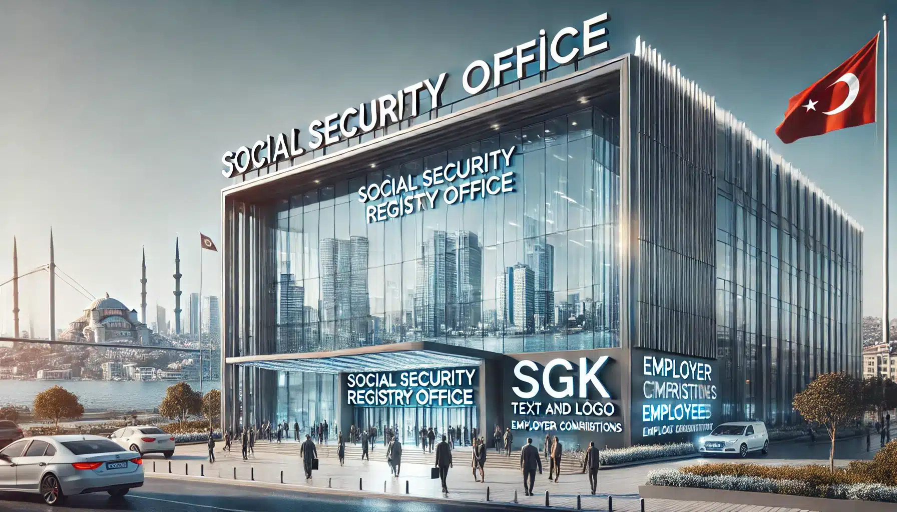 a modern image representing "Social Security Registration for Businesses in Turkey" using a modern building with the words SOCIAL SECURITY REGISTRY OFFICE written on it. The background should include the Istanbul cityscape, the words "SGK text and logo", "Employer Contributions", "Employee Contributions". Modernly dressed business people and the Turkish flag in front of the building