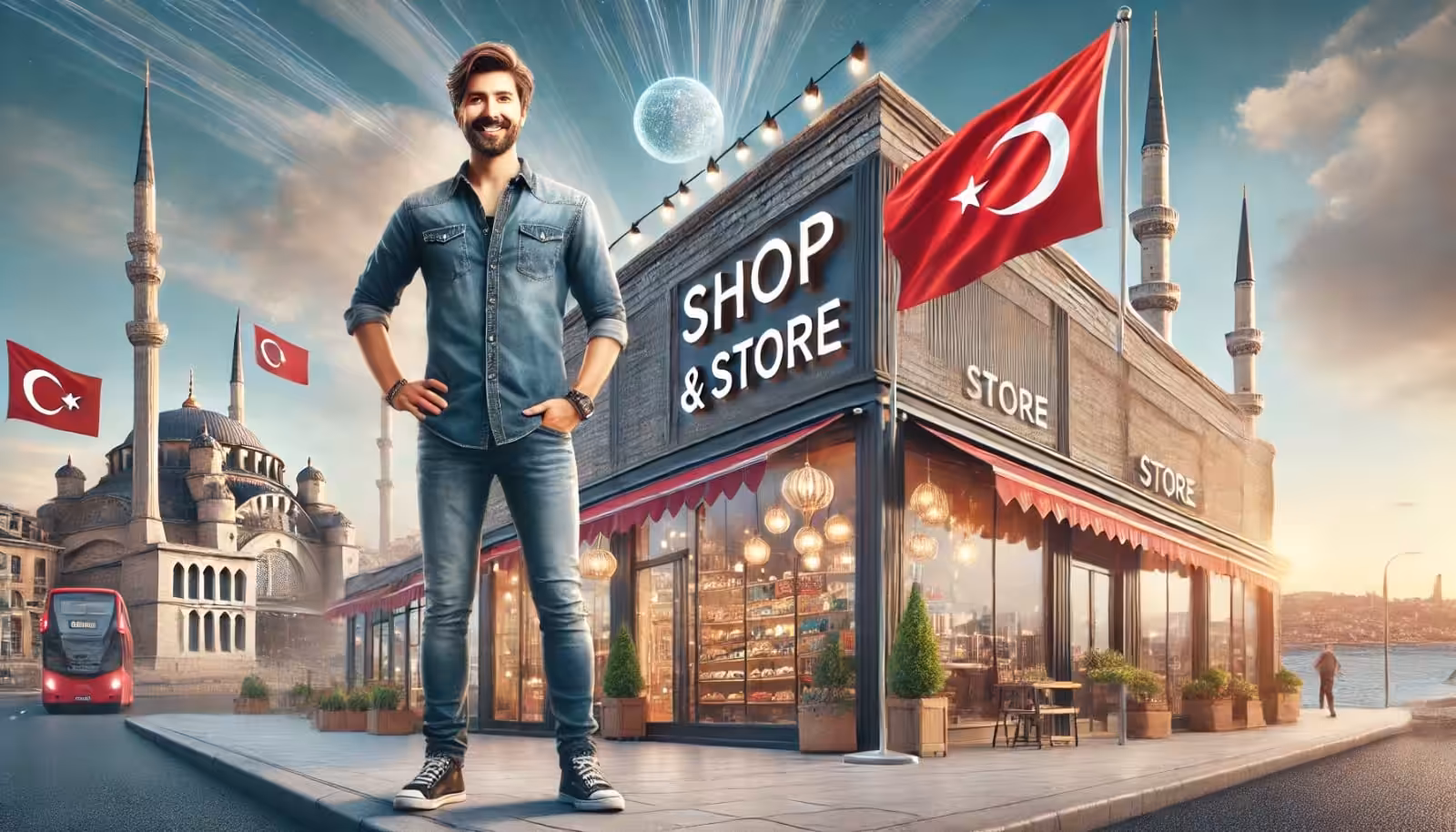 an immage representing "Sole Proprietorship in Turkey". Shows a business owner standing in front of a building with the Turkish flag and Istanbul symbols in the background. Above the business is the words SHOP & STORE