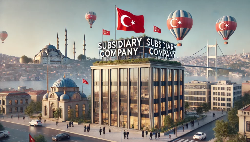 A modern building with the word Subsidiary Company written on it with Turkey Flag. Istanbul cityscape and hot air balloons behind it, a few business people walking around it