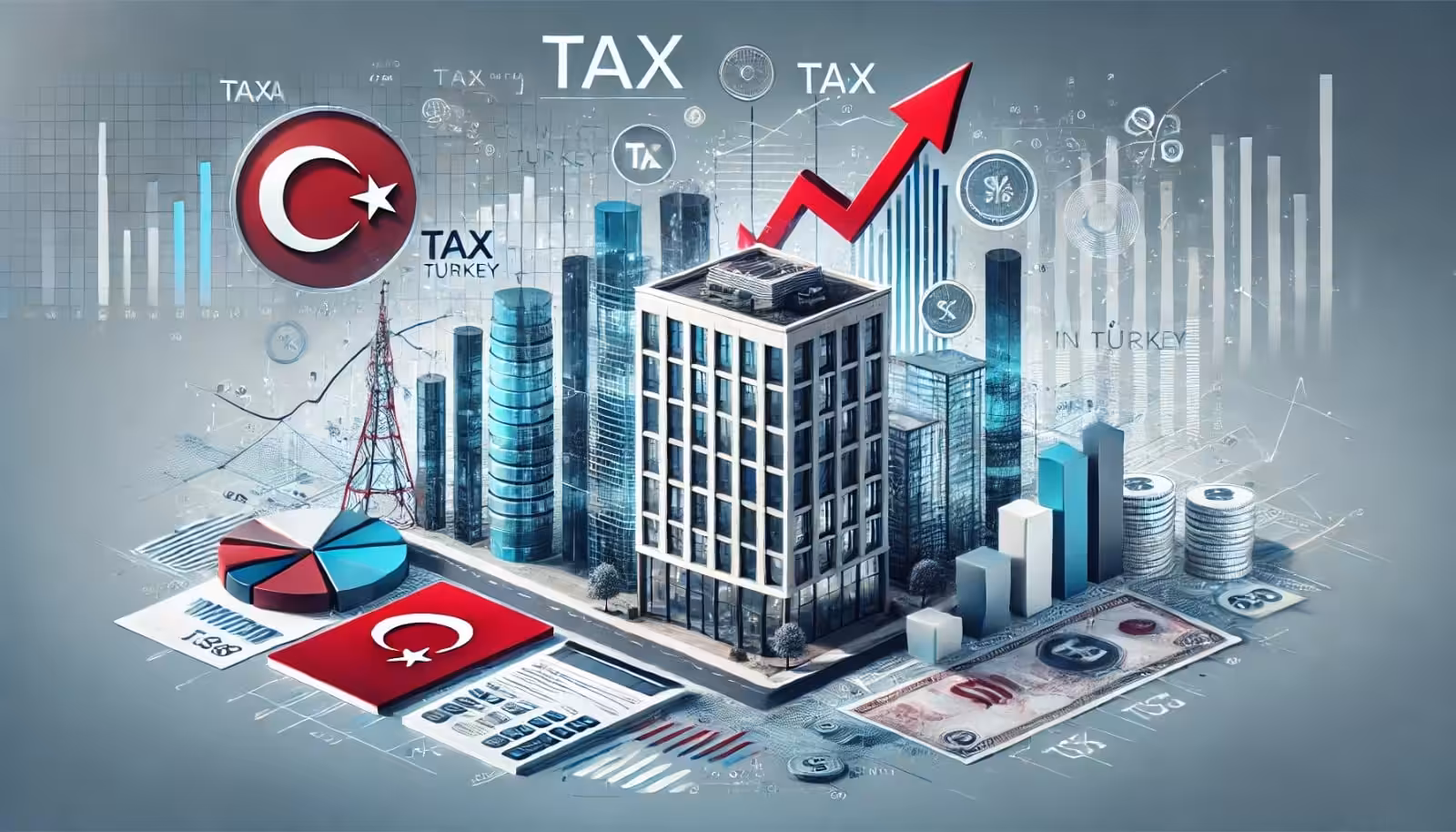 a building with a city and graph and money