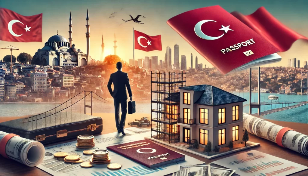 a mage representing Turkish citizenship with istanbul city view and Turkish Passport