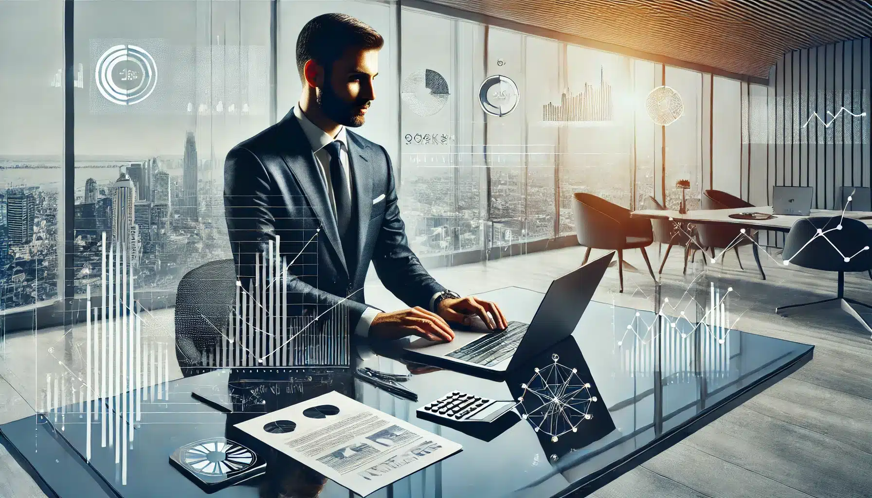 representing a Mali Müşavir showcasing a professional at work in a sleek office setting with elements of finance