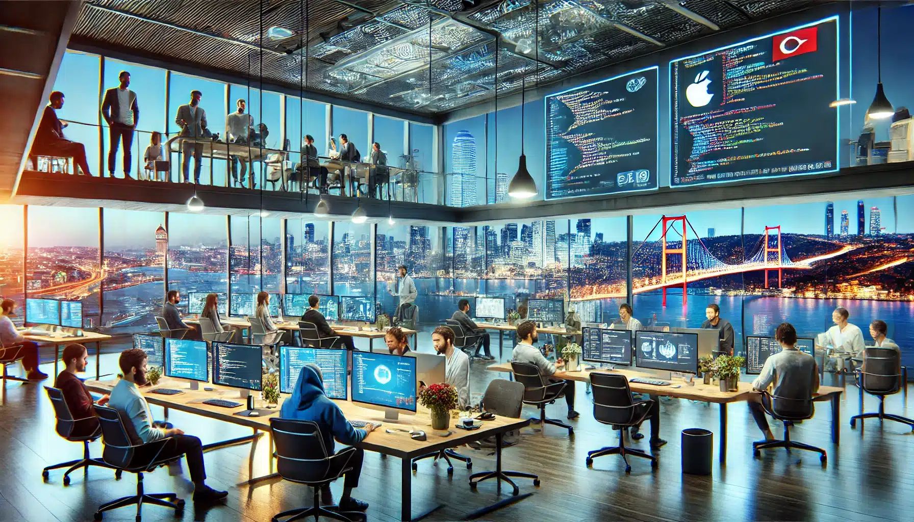 a large office with many computers representing a software company in Turkey