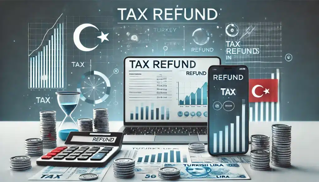 a laptop and phone with calculator and coins on a table representing tax refund in Turkey