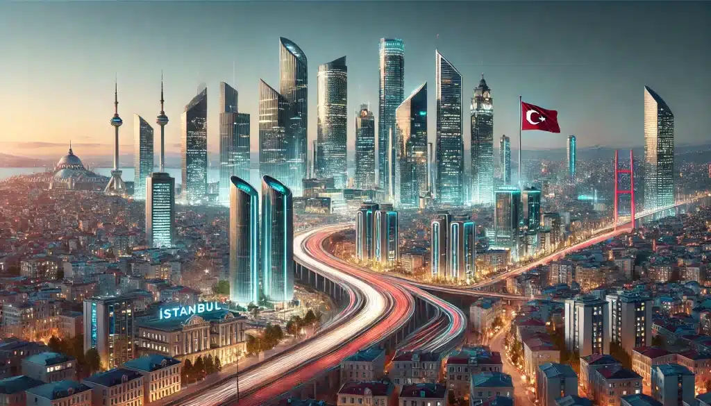 A modern image representing the Istanbul Financial Center, displaying a futuristic skyline with the architecture of the area, reflecting a lively and professional atmosphere.