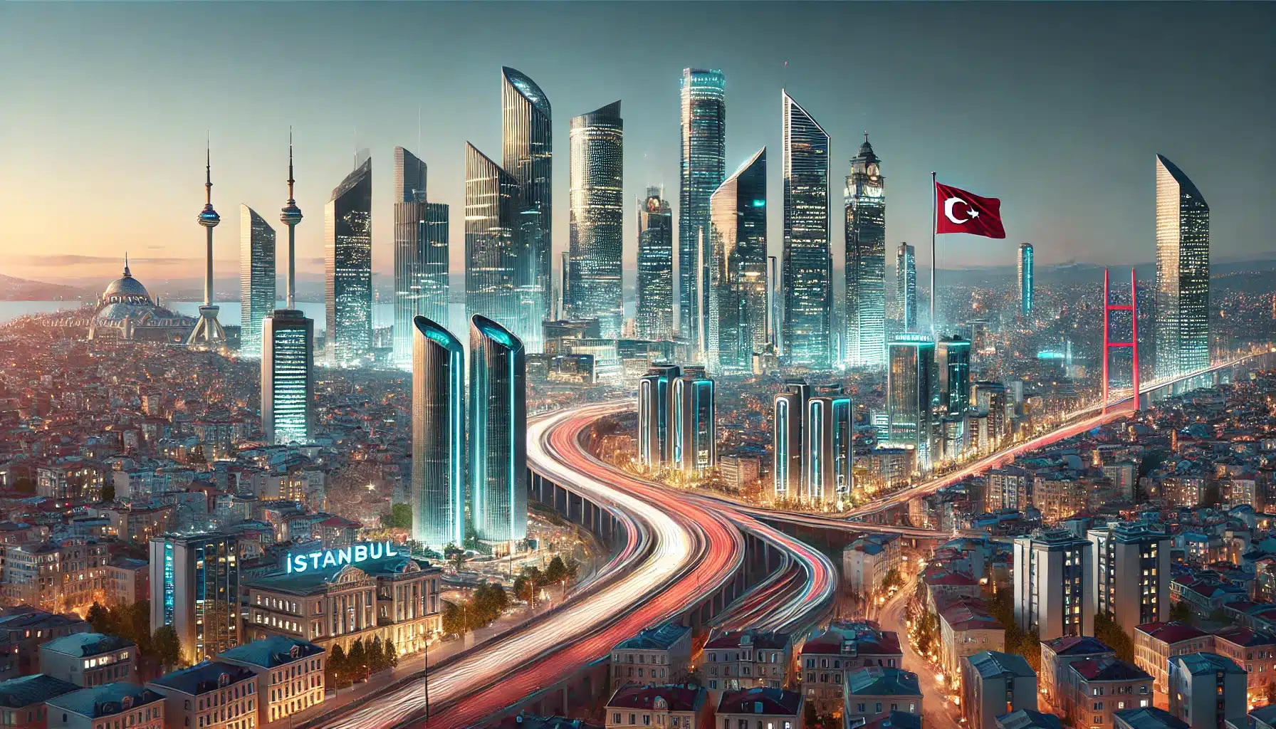 A modern image representing the Istanbul Financial Center, displaying a futuristic skyline with the architecture of the area, reflecting a lively and professional atmosphere.