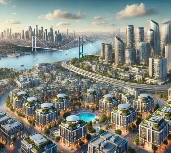 it is a modern image representing the real estate sector in Turkey. It showcases the blend of contemporary architecture, green spaces, and the iconic skyline of Istanbul.