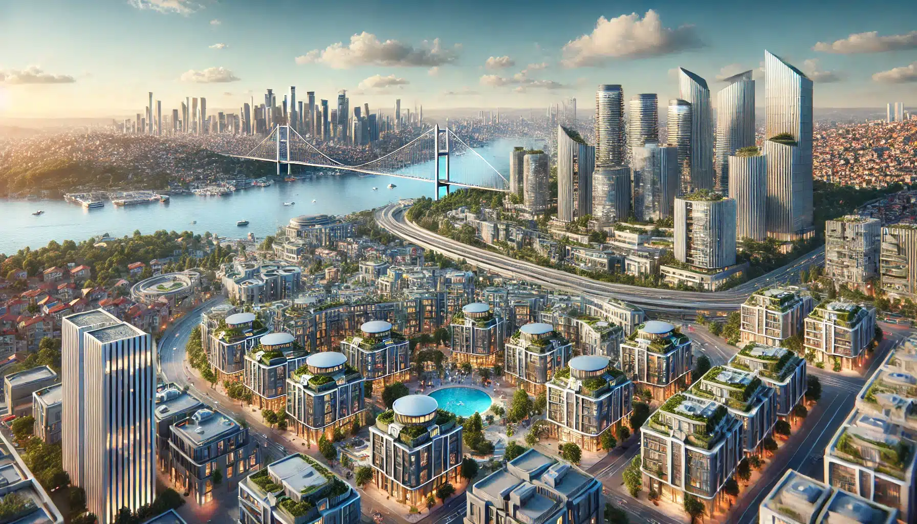 it is a modern image representing the real estate sector in Turkey. It showcases the blend of contemporary architecture, green spaces, and the iconic skyline of Istanbul.
