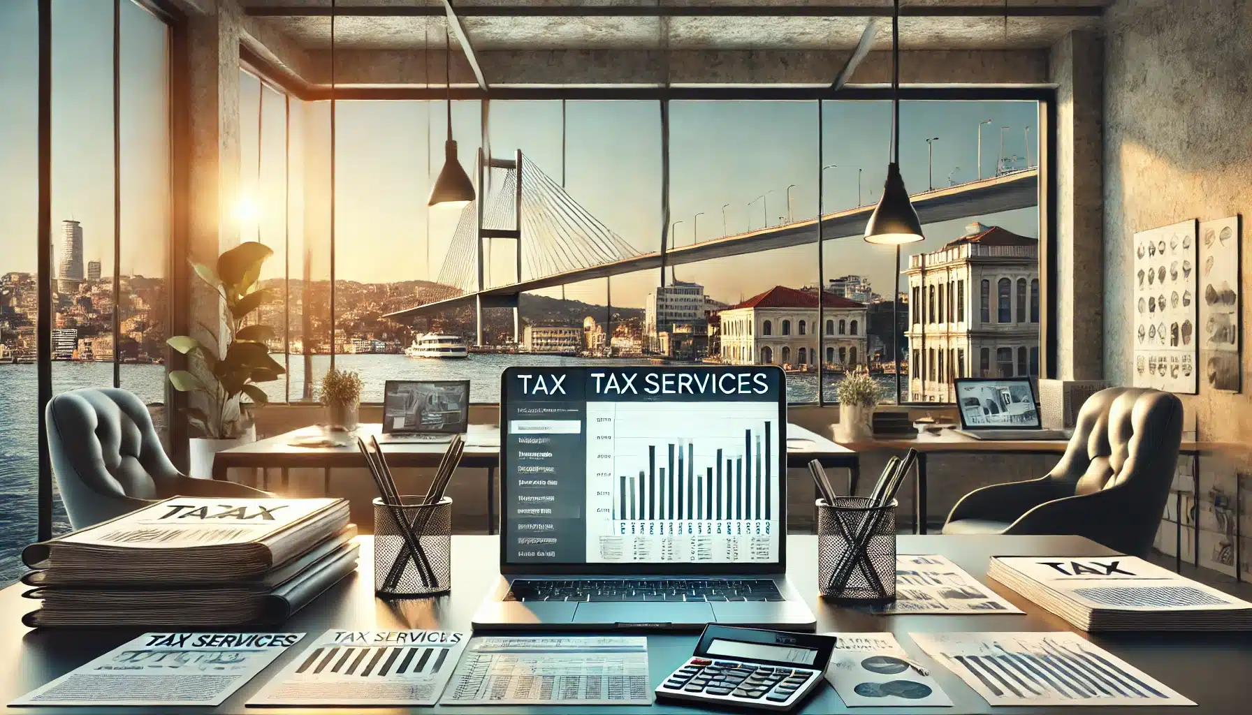 horizontal image representing "Tax Services in Turkey," inspired by the style and elements of your provided picture.