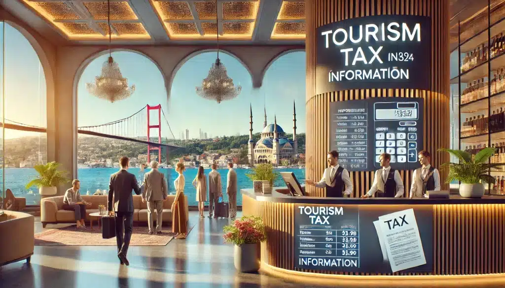 a modern and horizontal image representing "Tourism Tax in Turkey," blending the essence of Turkish culture and professionalism