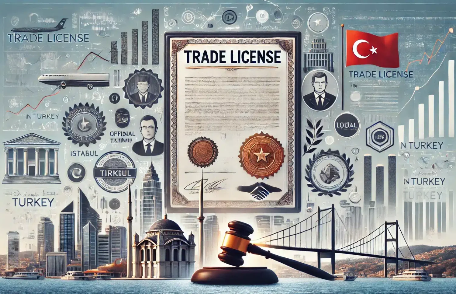 a gavel and a bridge with icons and symbols