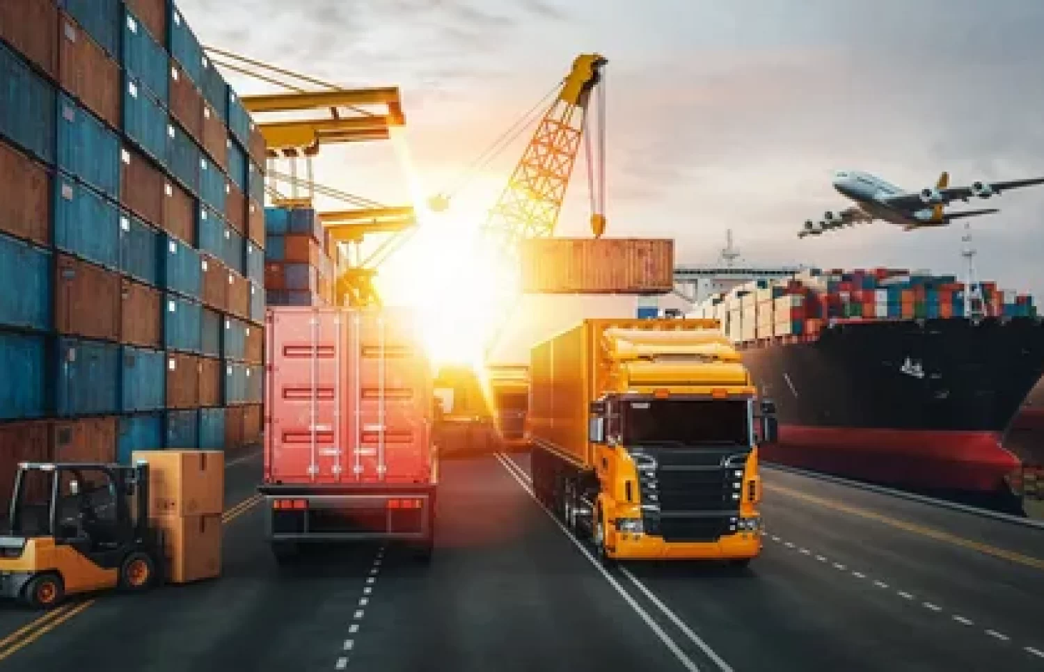 logistics vehicles, trucks, planes and ships